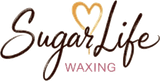 Sugar Life waxing logo with heart icon. Dark brown script text with orange heart.