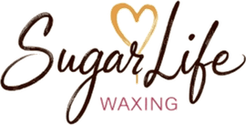 Sugar Life waxing logo with heart icon. Dark brown script text with orange heart.