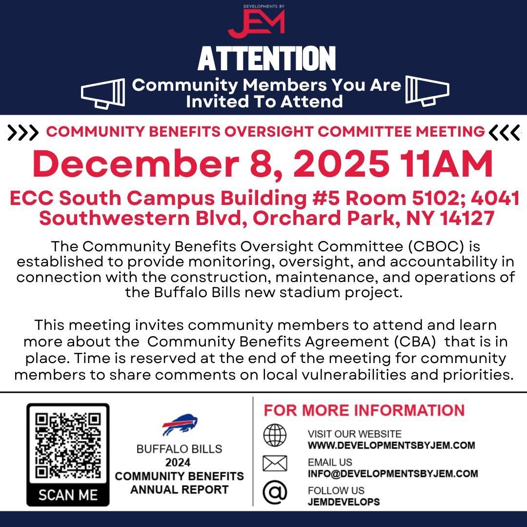 Community meeting announcement: Nov. 17, 2025. Community Benefits Oversight Committee meeting at Enterprise Charter School.