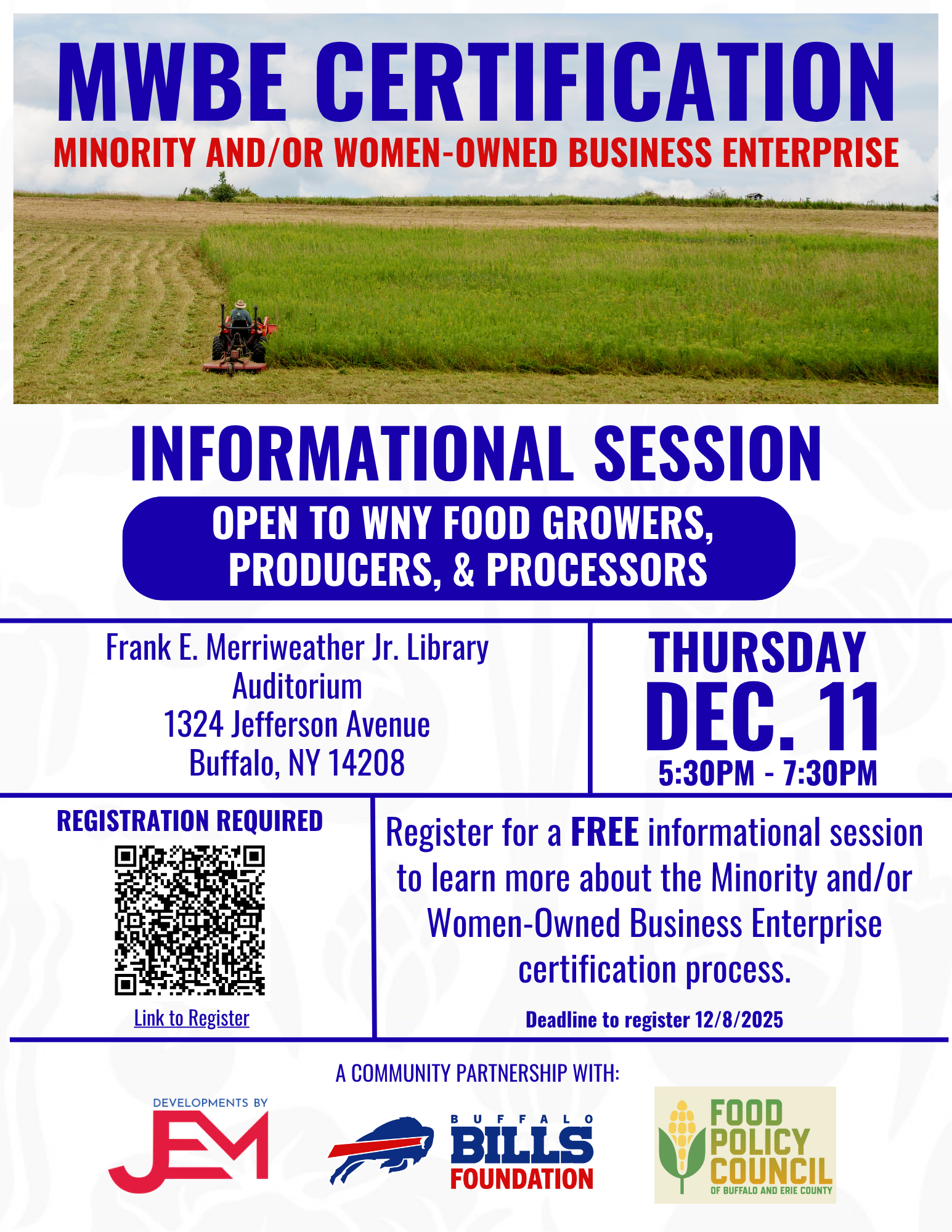 Poster: MWBE certification info session for food growers/producers. Dec 11 at Buffalo library. Registration required.