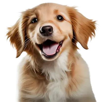 A brown and white dog is smiling with its tongue hanging out.