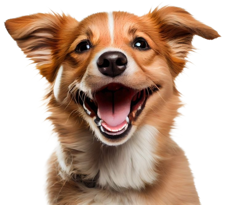 A brown and white dog is smiling with its mouth open.