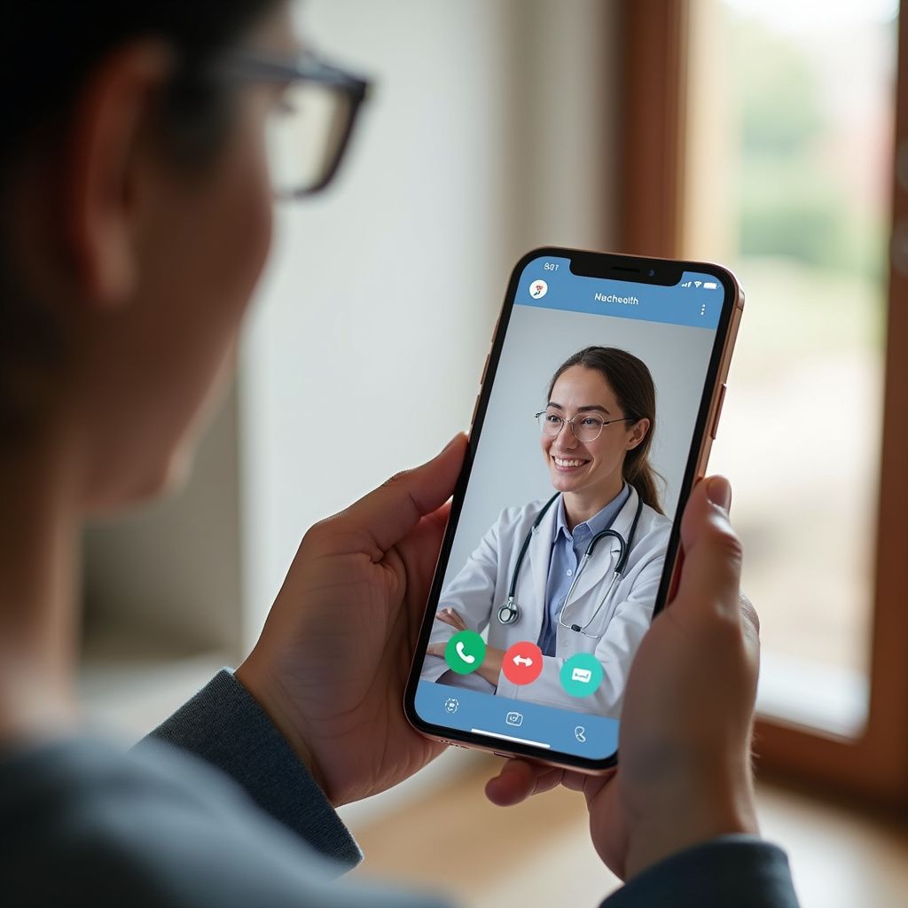Person holding smartphone video chatting with smiling doctor.