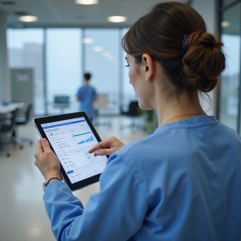 Woman in blue scrubs using a tablet in a modern hallway; a blurred figure walks in the background.