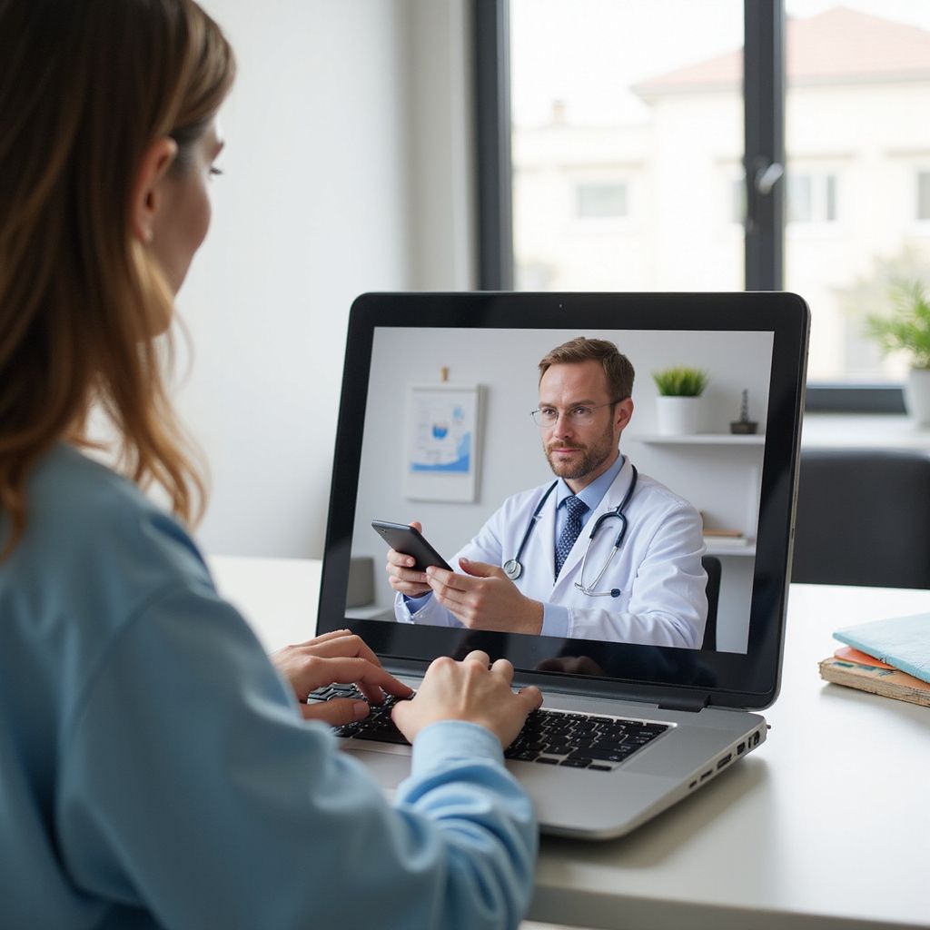 Woman on laptop video call with doctor.