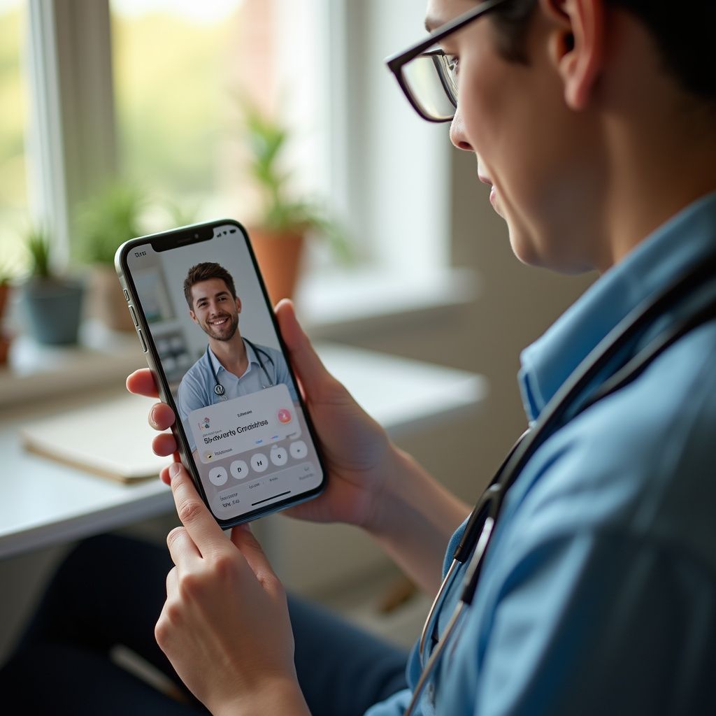 A doctor on a video call holds a phone. He wears glasses, a stethoscope, and a blue shirt.