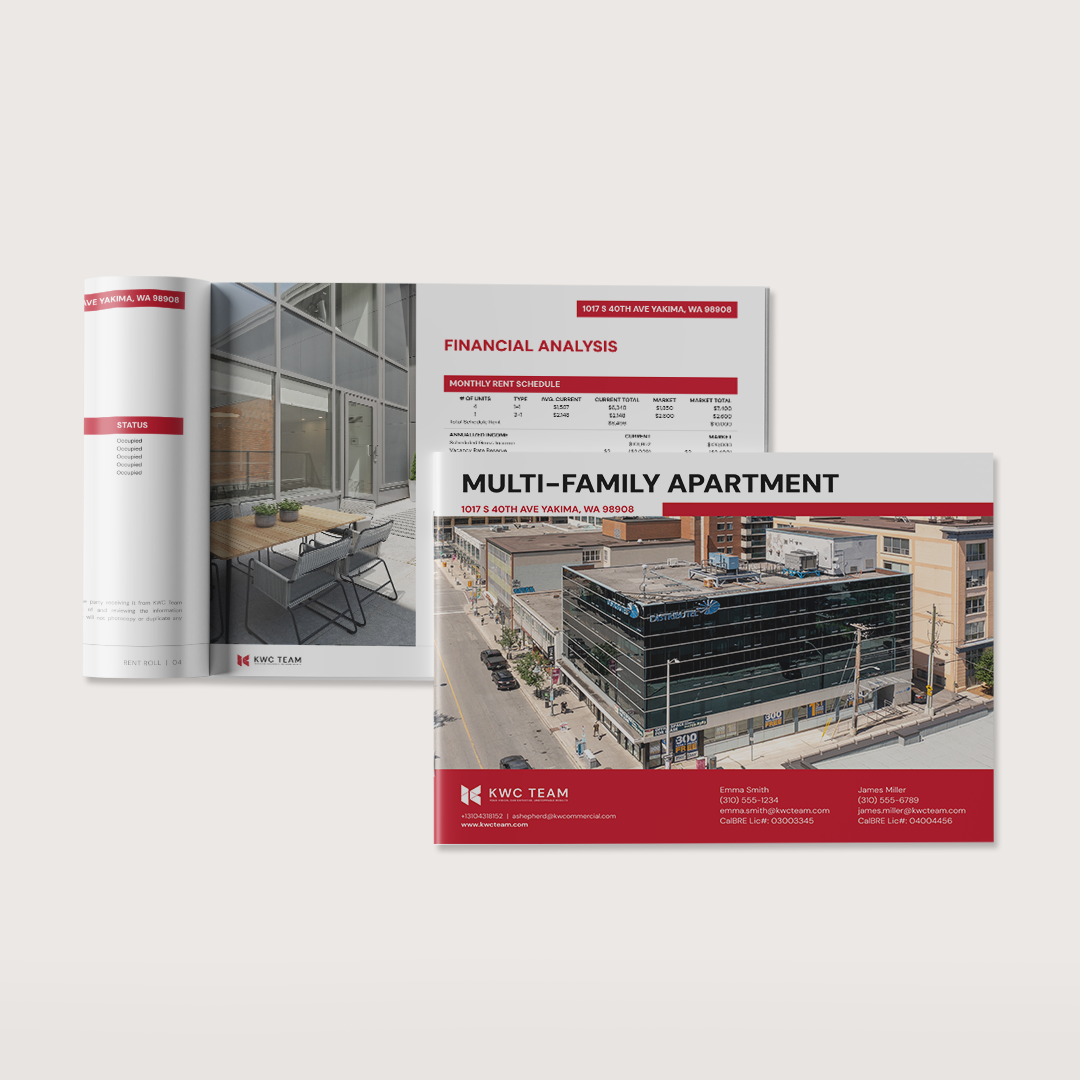 A brochure for a multi-family apartment with a picture of a building.