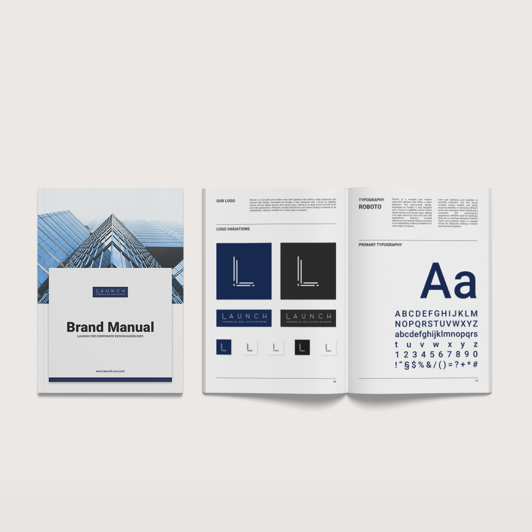 A brand manual is open to a page with a picture of a building on it.