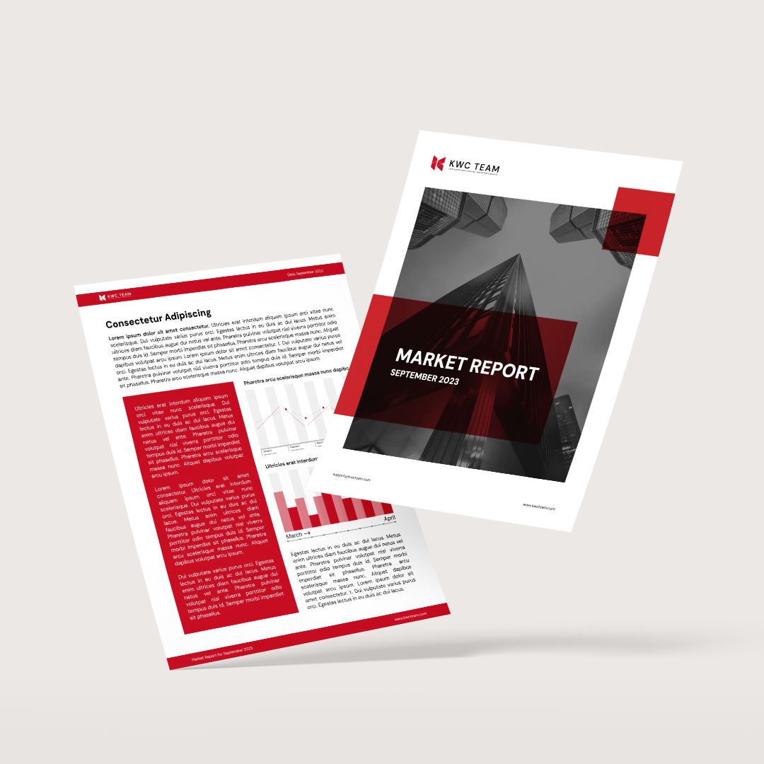 Two sheets of paper with a market report on them are floating in the air.