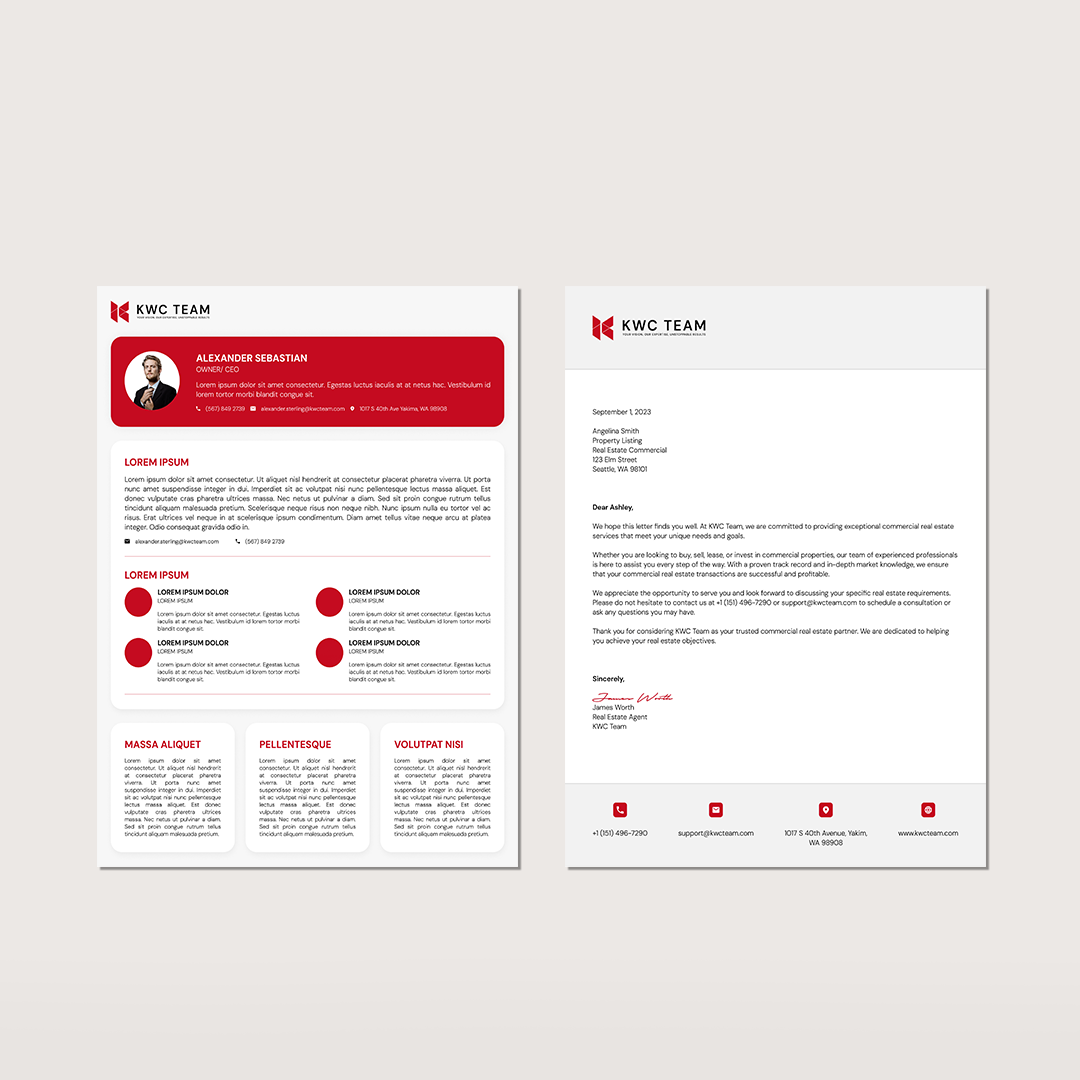 A red and white letterhead with a picture of a man on it.