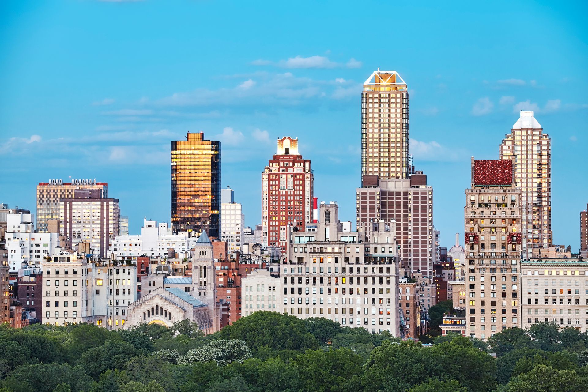 A city skyline with trees in the foreground