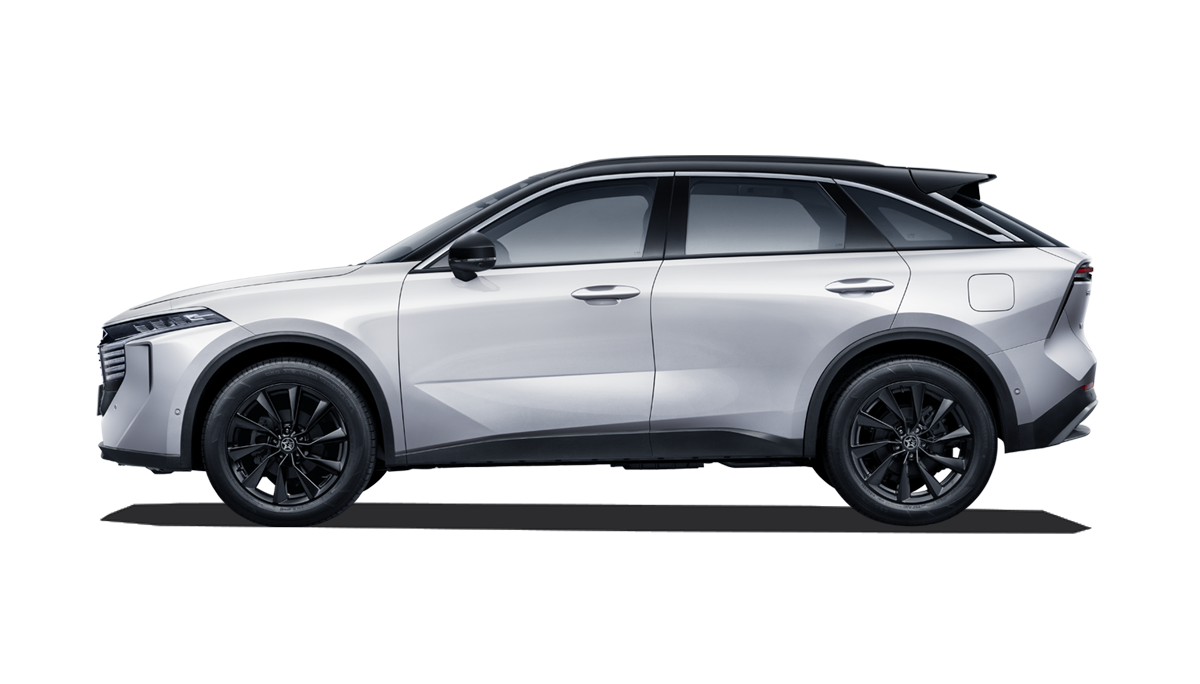 Silver SUV with black wheels on a white background.
