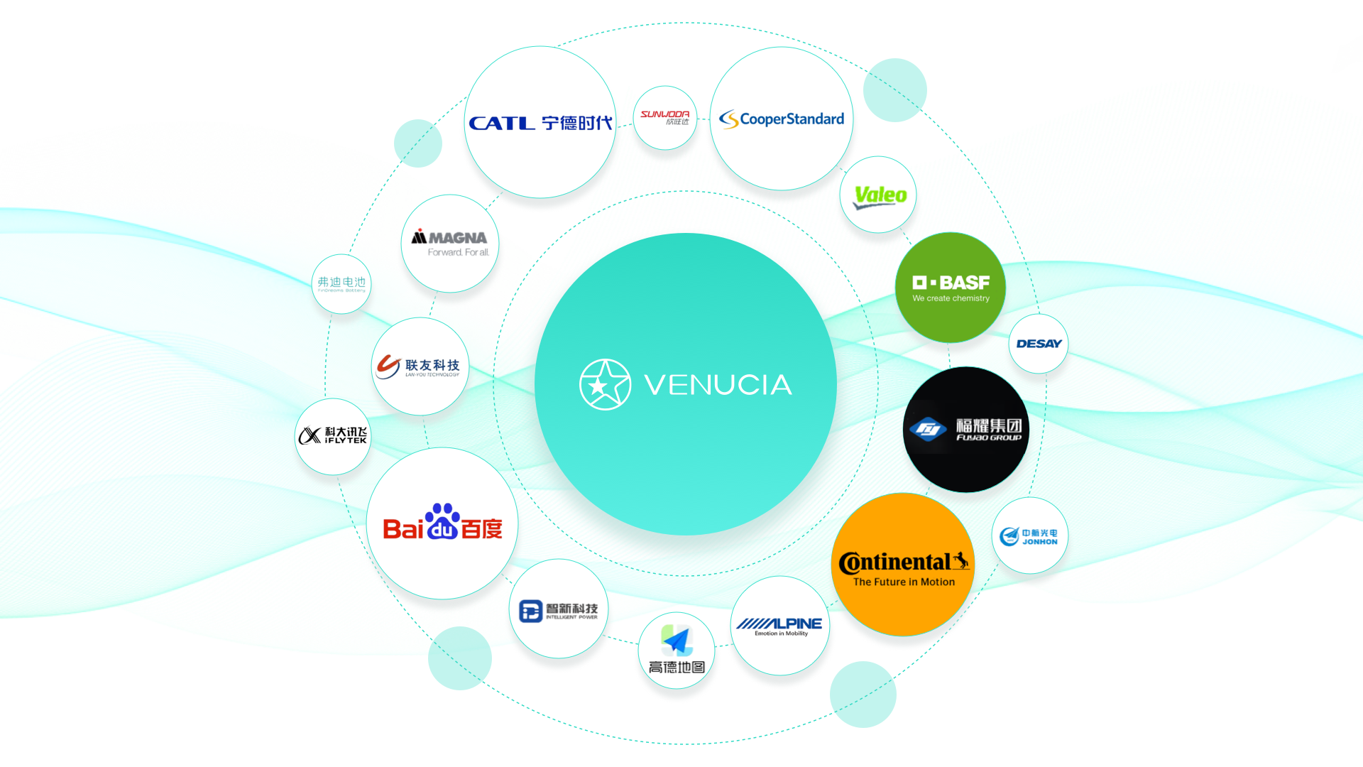 Network diagram of companies connected to Velucia, in circles with a teal and white color scheme.