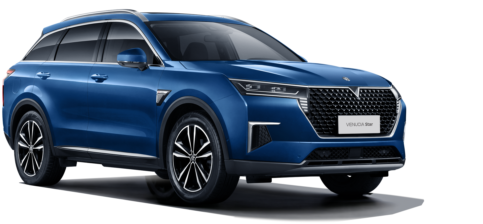 Blue SUV vehicle with black wheels on a white background.