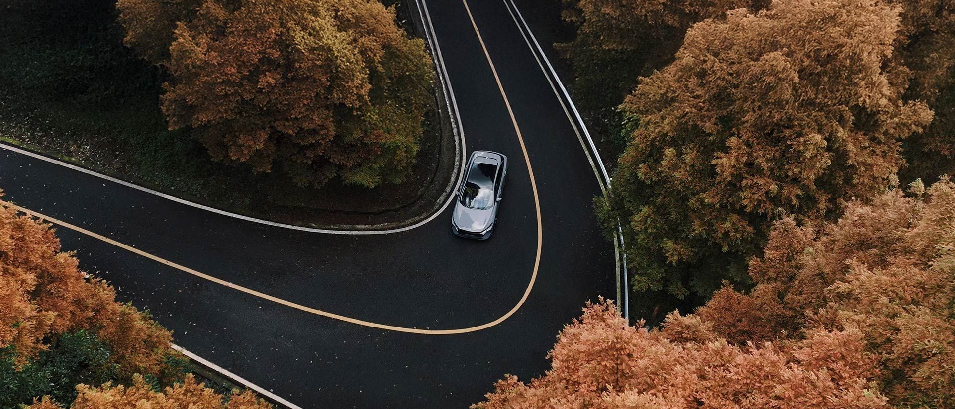 A winding road through autumn trees, with a silver car navigating the curves.