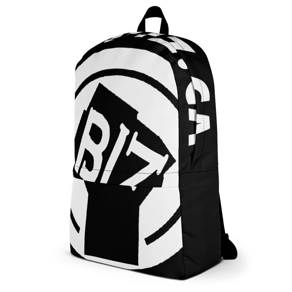A black and white backpack with the word biz on it