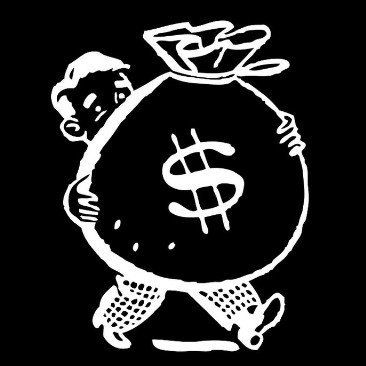 A man is carrying a large bag of money with a dollar sign on it.