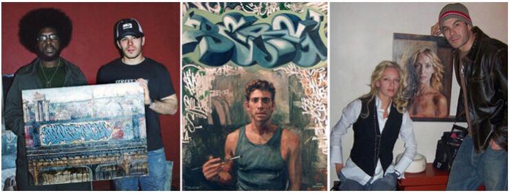 Brush with fame: Questlove and his purchase; a portrait of actor Bryan Greenberg; Uma Thurman with her portrait from “Prime.”