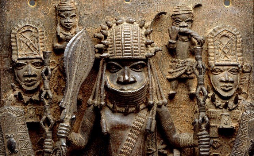 Plaque depicting warrior and attendants (16th-17th century), Edo peoples, Benin kingdom, Nigeria.