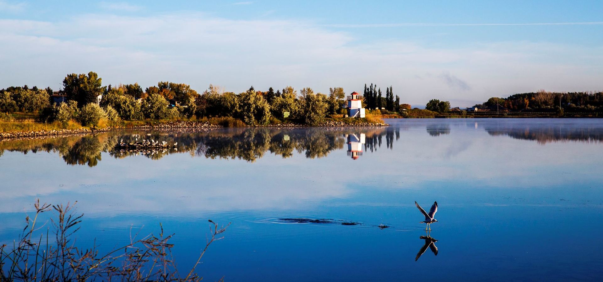 A lake with a house in the distance and trees reflected in the water.