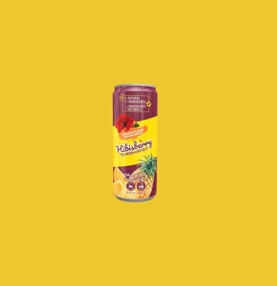A can of hibiscus and pineapple juice on a yellow background.
