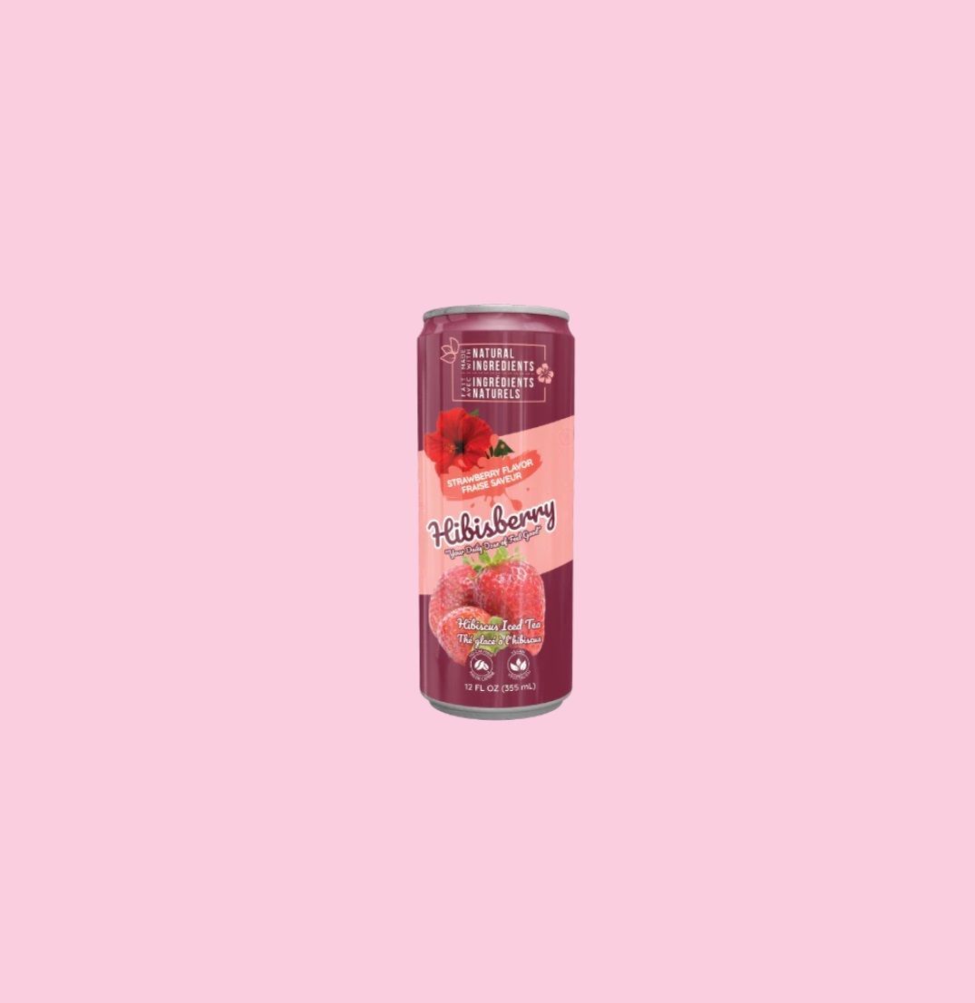 A can of strawberry juice on a pink background.