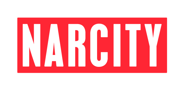 A red box with the word narcocity in white letters