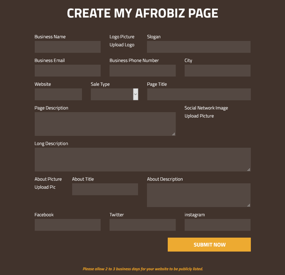 A form that says create my afrobiz page on it