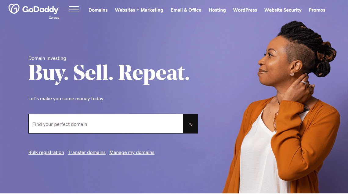 A woman is standing in front of a purple background with the words buy sell repeat.