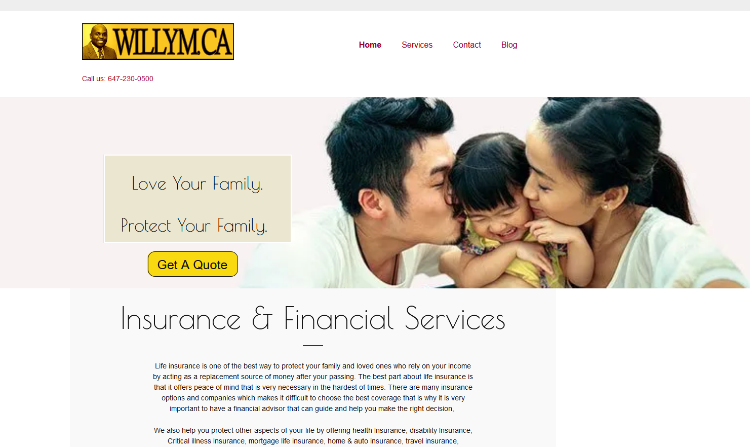 A man and woman kissing a child on the cheek on a website for insurance and financial services.