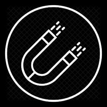 A white line icon of a magnet in a circle on a black background.