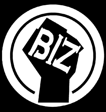 A black fist with the word biz written on it in a white circle.