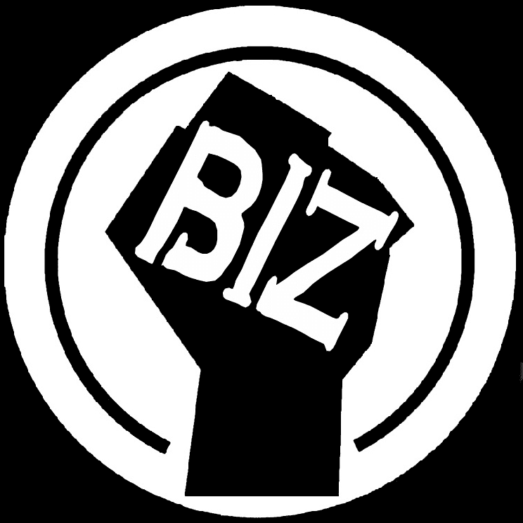 A black fist with the word biz on it in a white circle.
