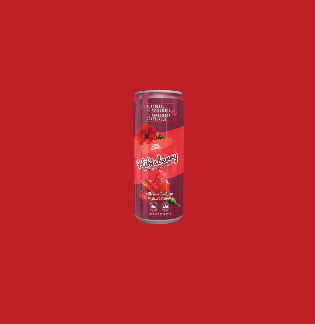 A can of strawberry juice with a red background.