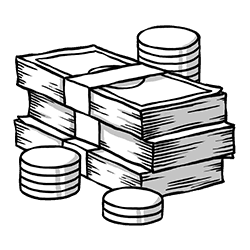 A black and white drawing of a stack of money and coins.