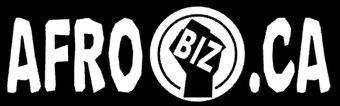 A black and white logo for afro biz ca with a fist in a circle.