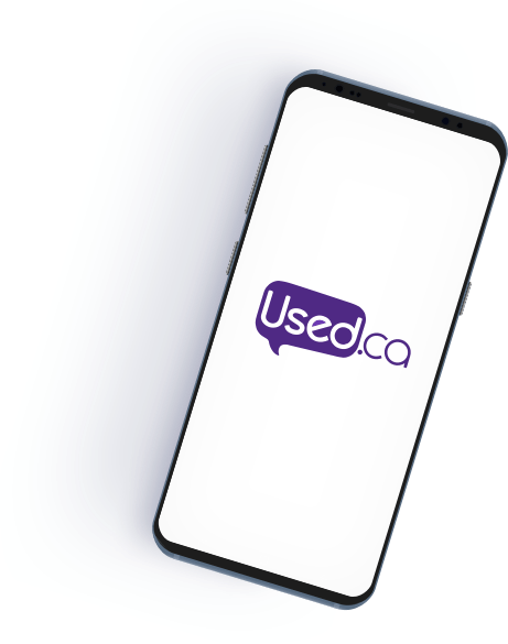 A cell phone with the usedca logo on the screen.