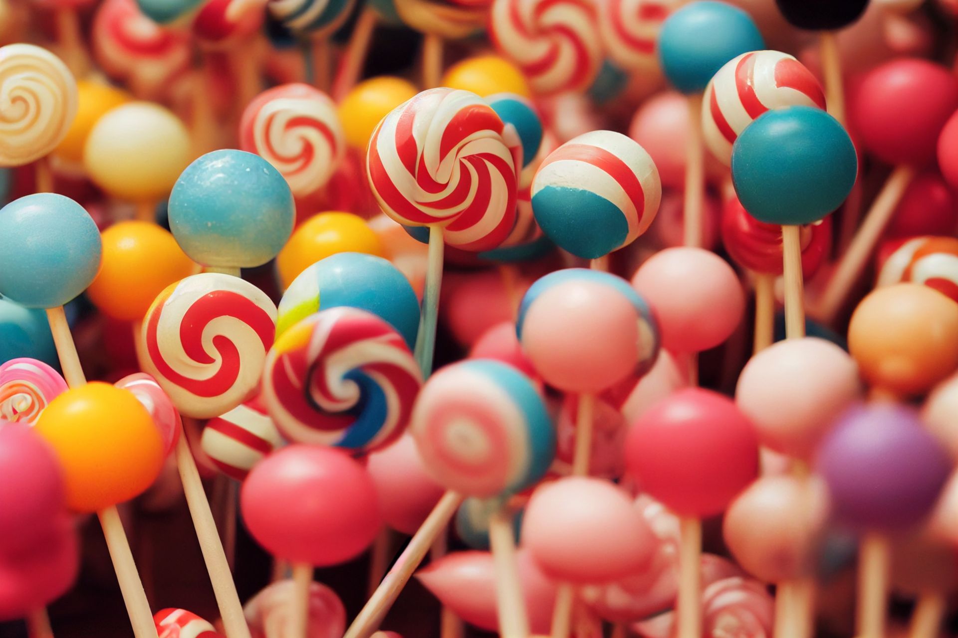 A bunch of colorful lollipops are sitting on a table.