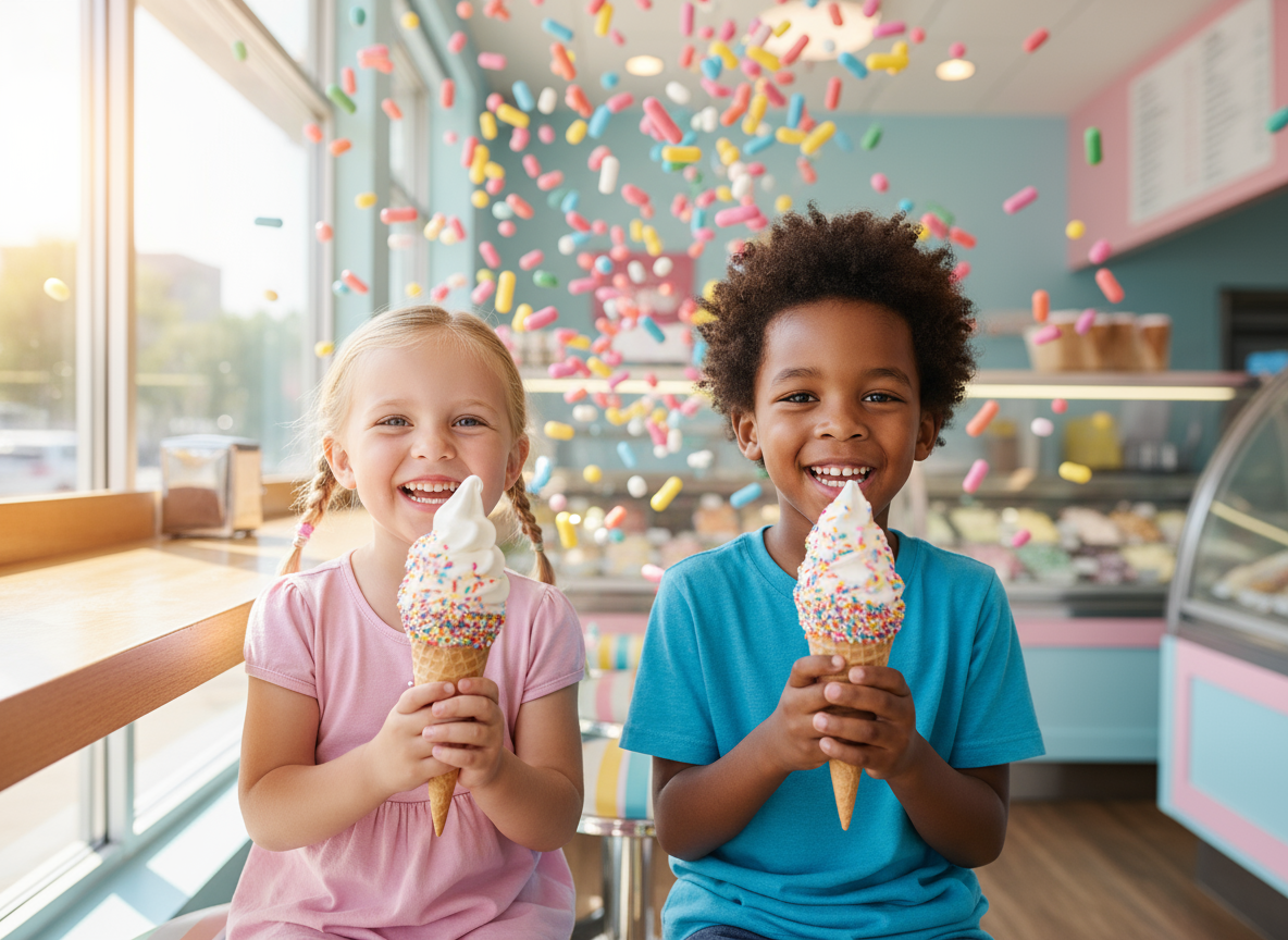 Two children smile, holding ice cream cones, with sprinkles in the air. Pink and blue interior.