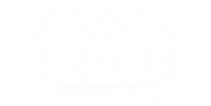 A white logo for a Roofing Company on a white background.