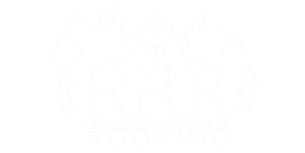 A white logo for a Roofing Company on a white background.