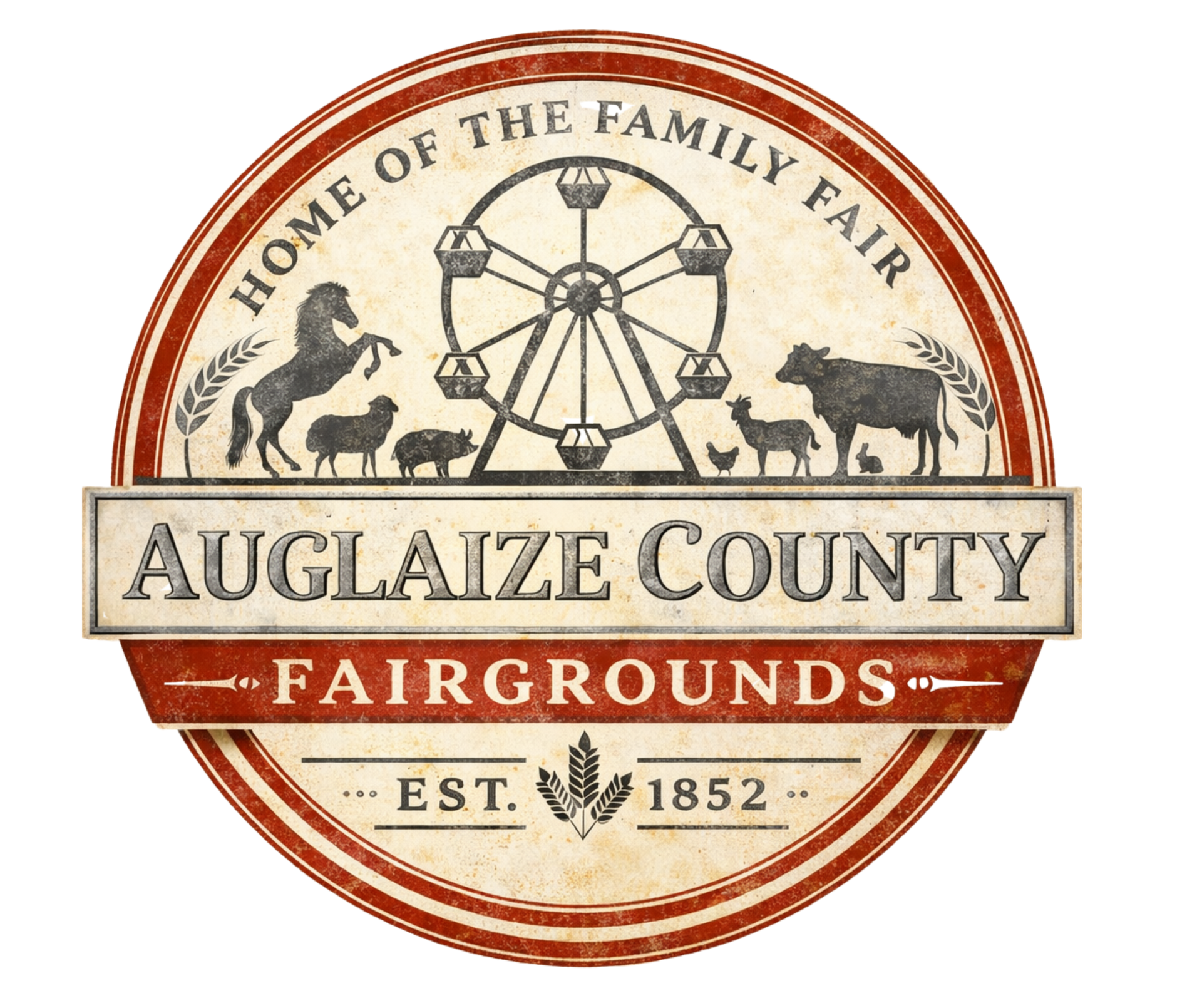 Auglaize County Fairgrounds logo with Ferris wheel, farm animals, and text "Home of the Family Fair".