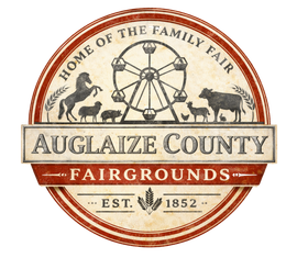 Auglaize County Fairgrounds logo with Ferris wheel, farm animals, and text "Home of the Family Fair".