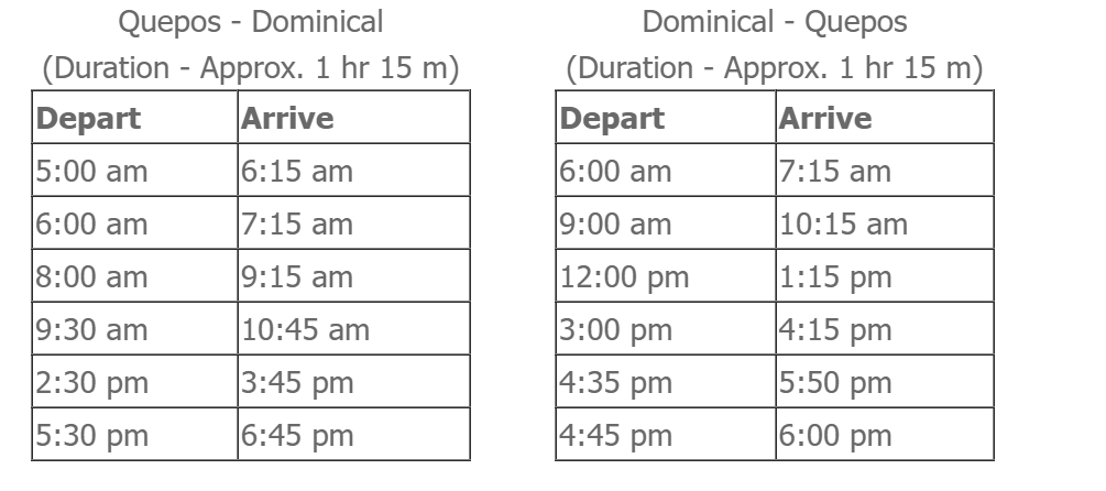 Quepos to Dominical bus schedule