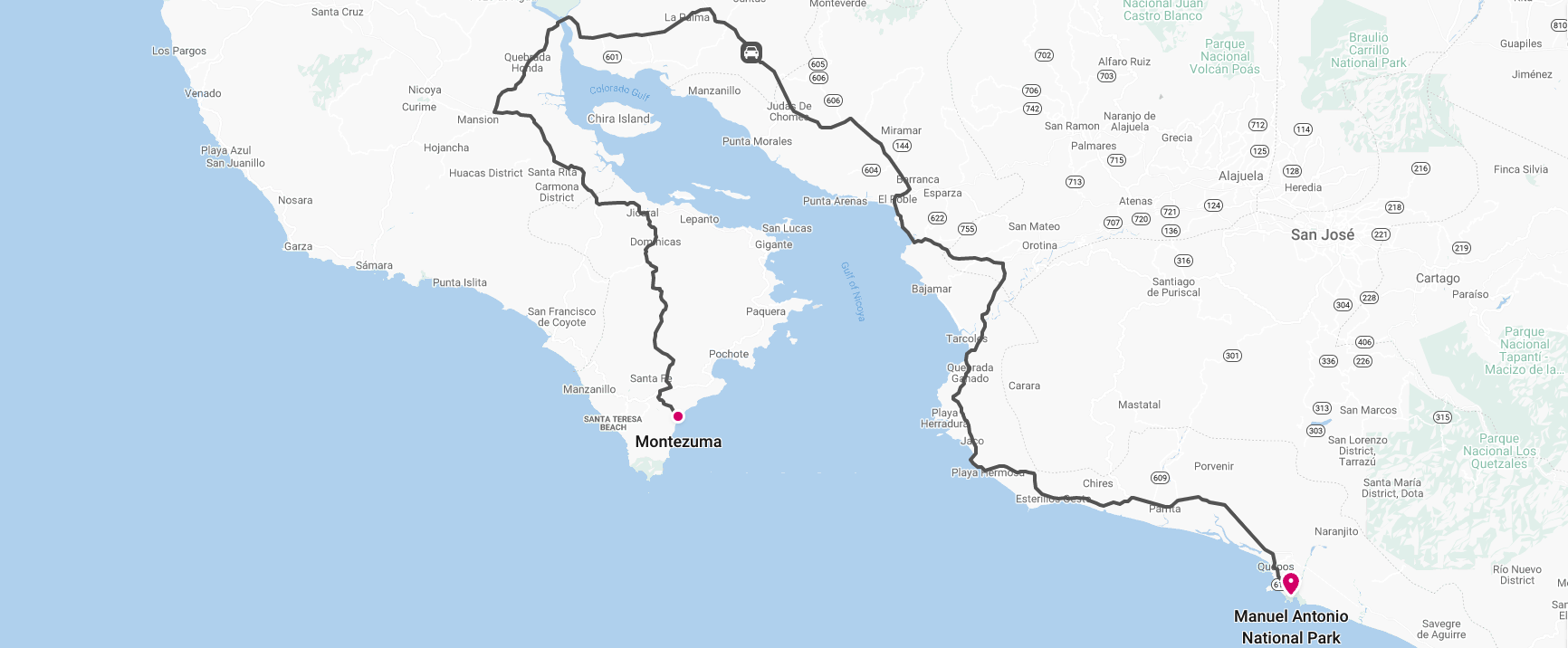 Map of travel route between Montezuma and Manuel Antonio Quepos