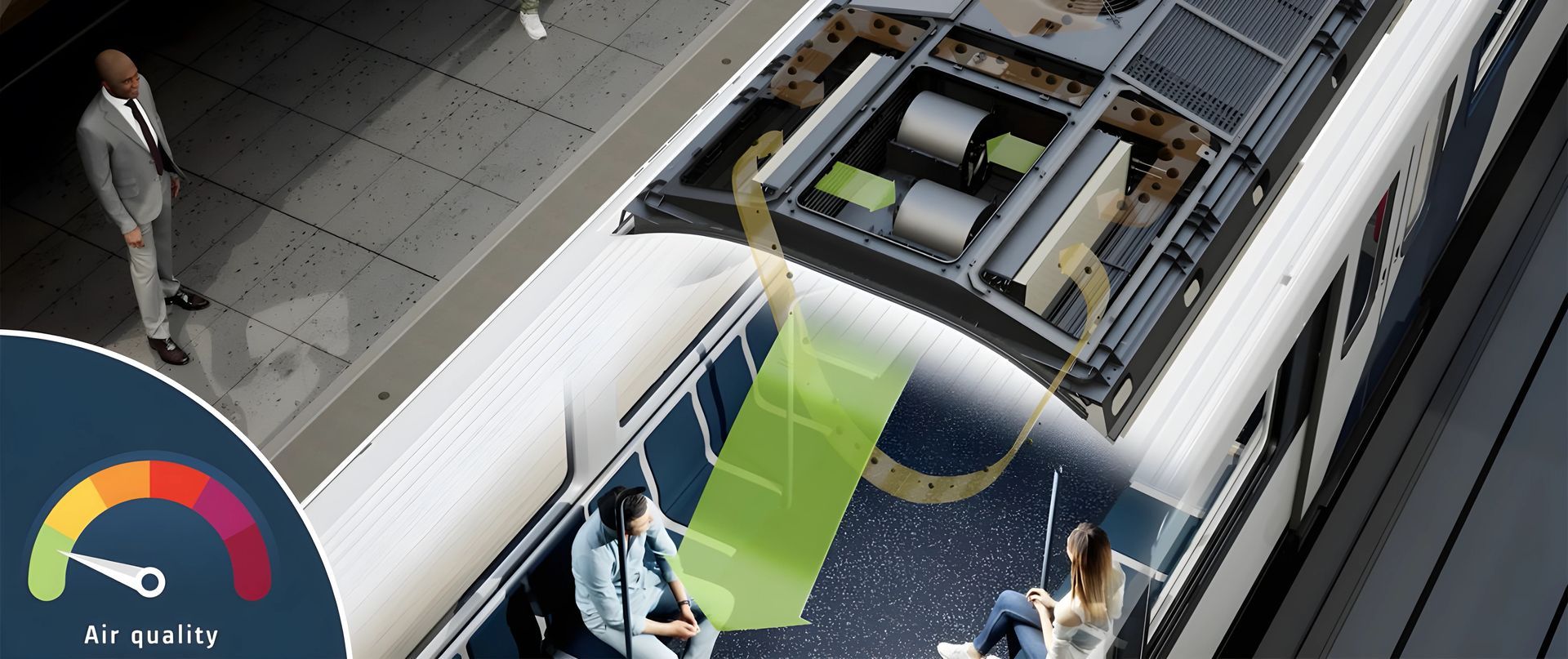 PEPA-F - An image depicting passenger comfort through improved air quality in a train.