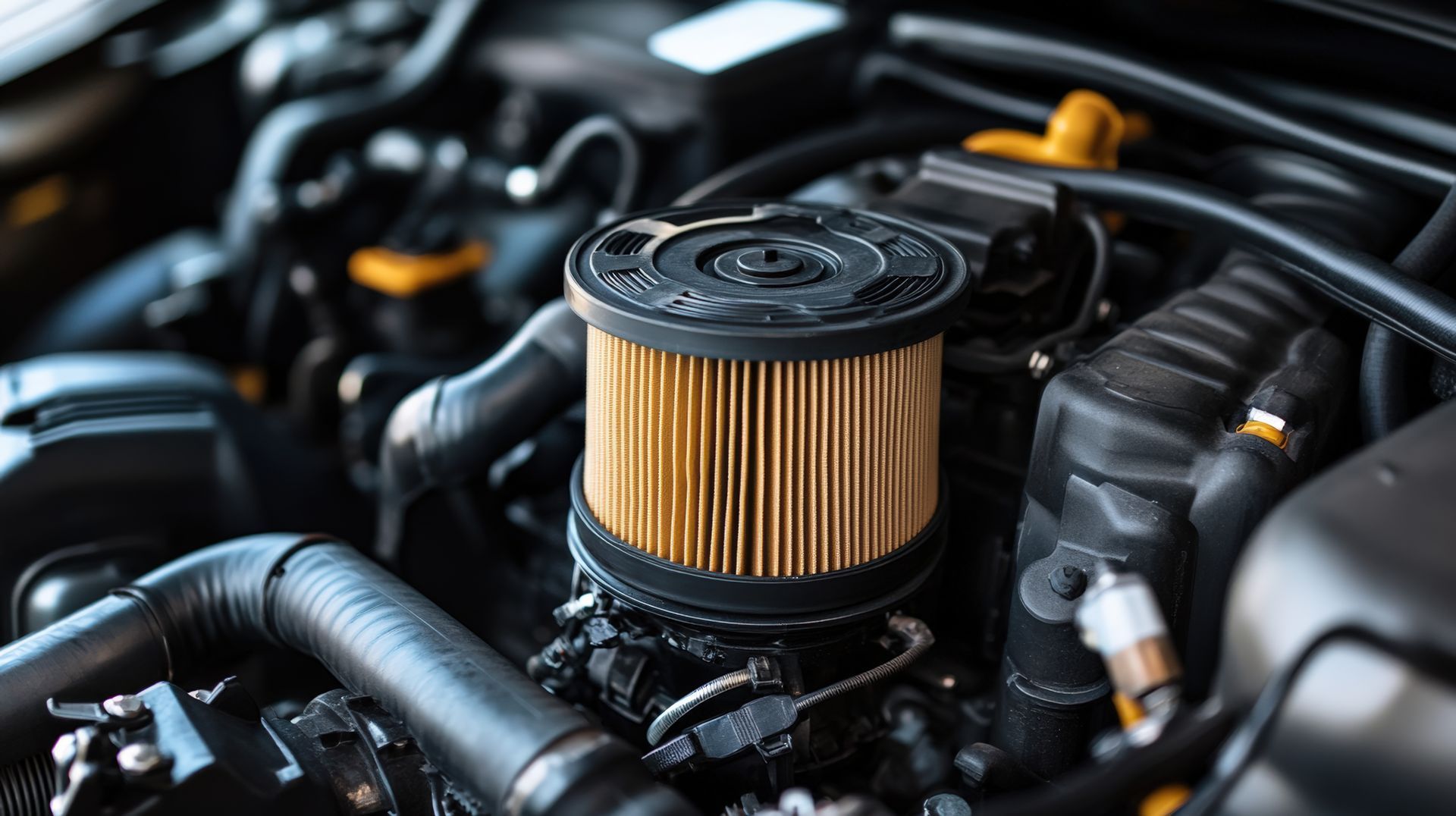 Close-up view of an engine air filter in a car engine.