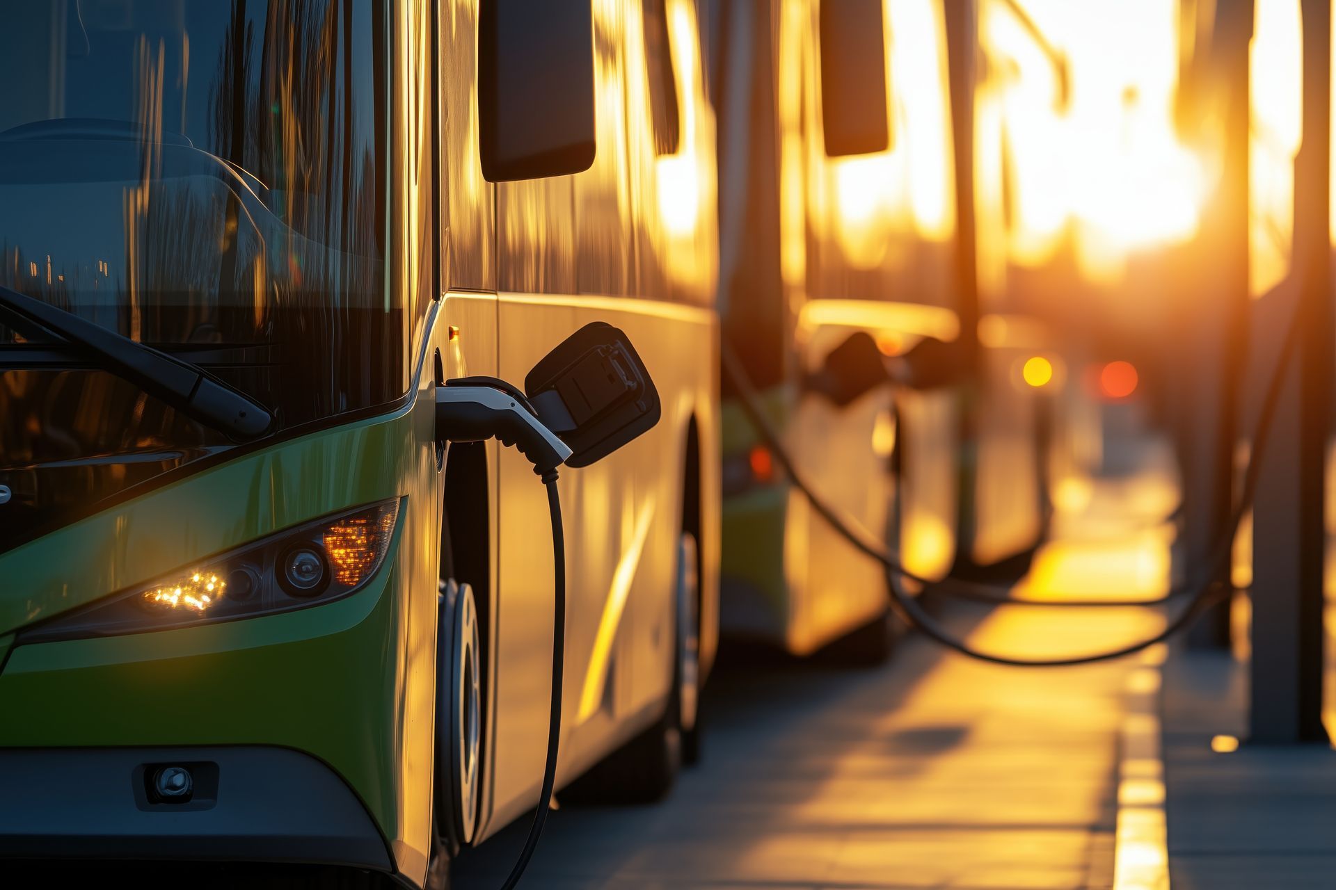 A close-up of electric buses charging, highlighting sustainable transportation.