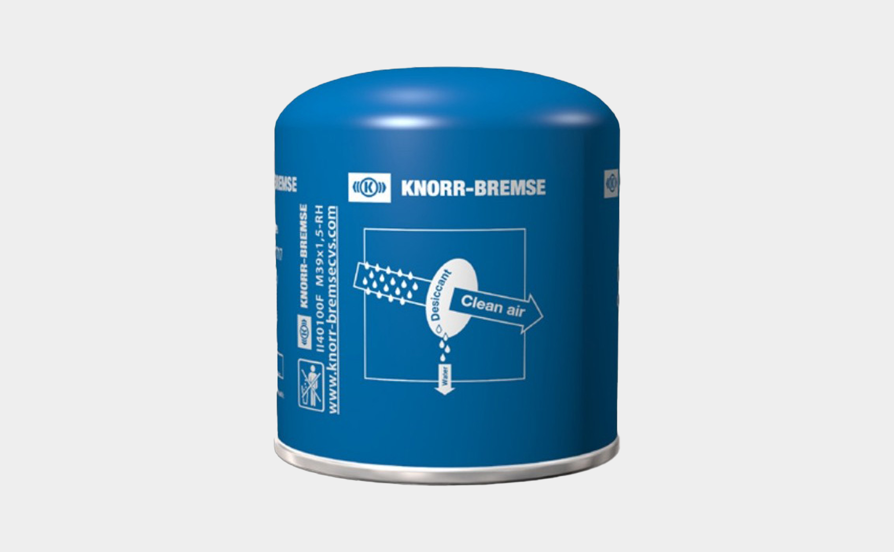 Blue air dryer by Knorr-Bremse for clean air filtration.