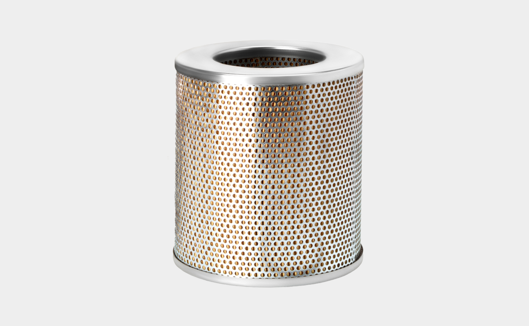 Fleetguard canister filter on a white background, showcasing its sleek metal design for efficient filtration.